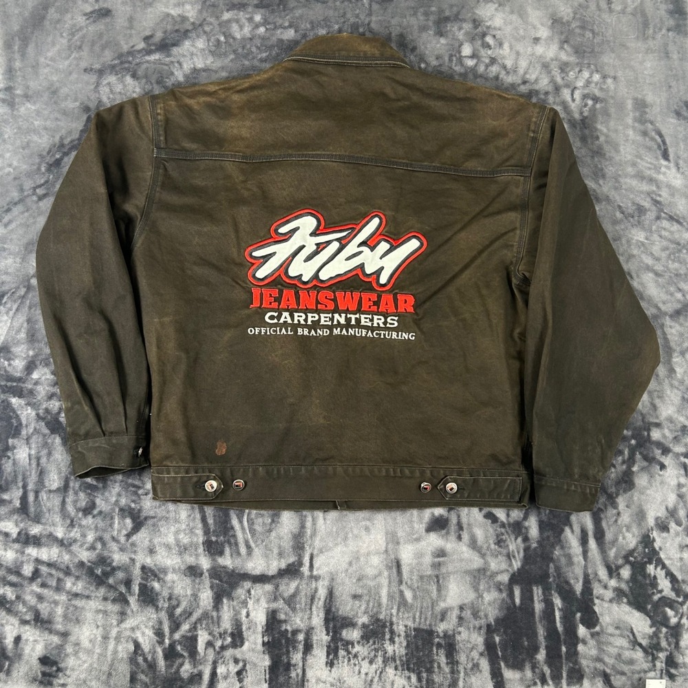 Vintage FUBU Jeanswear Jacket Mens XL Black Carpenters Embroidered Denim Coat